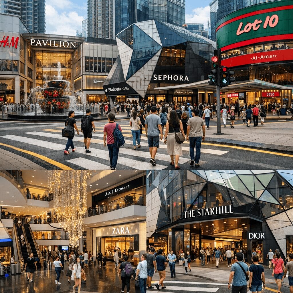 Interior and exterior mix of Bukit Bintang shopping area with mall entrances pedestrian crossings and modern storefronts.