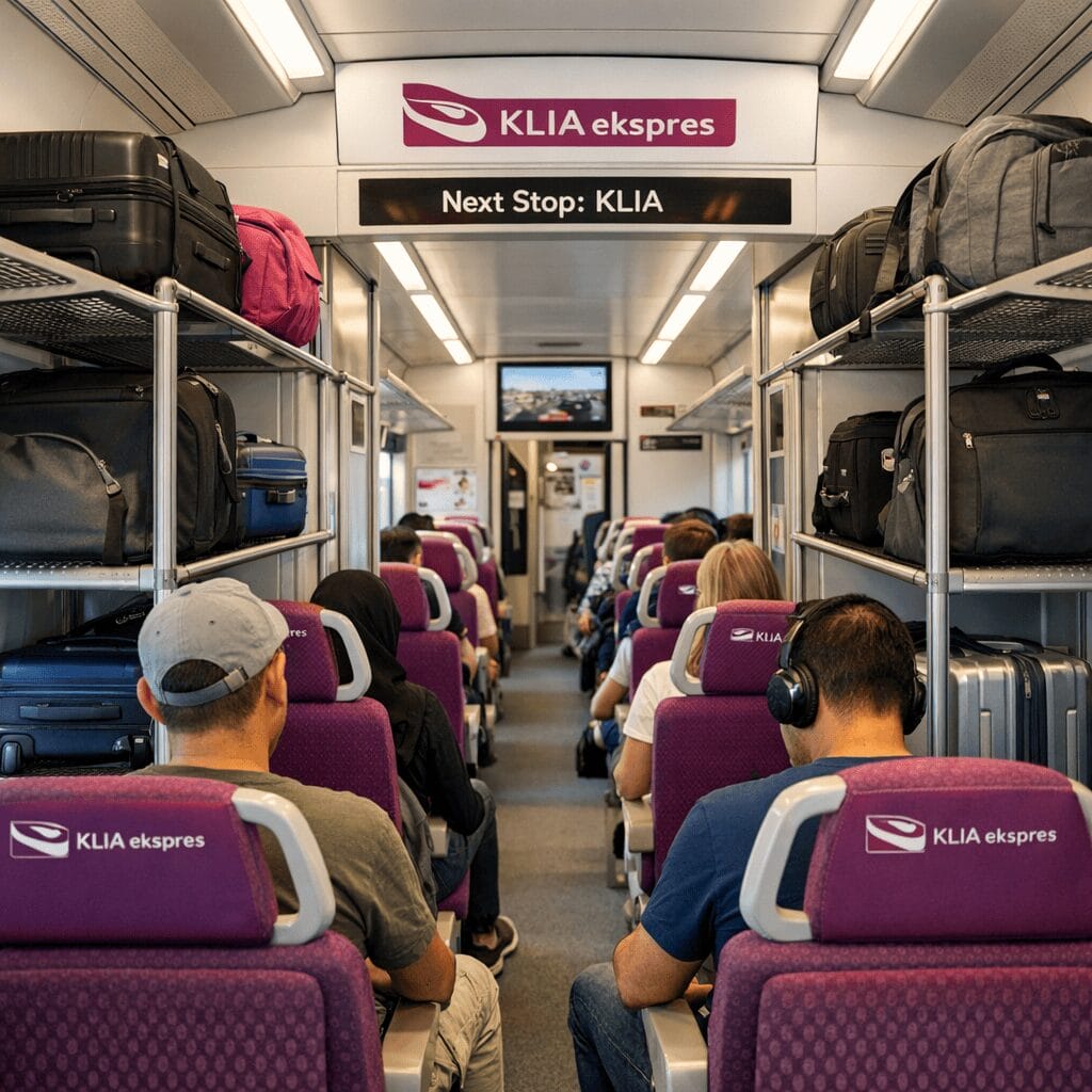 Interior of a modern klia ekspres train with luggage racks and passengers seated