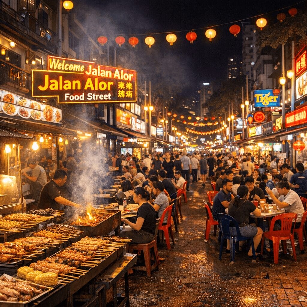 Jalan Alor food street with grilled skewers, neon signs and outdoor dining tables.