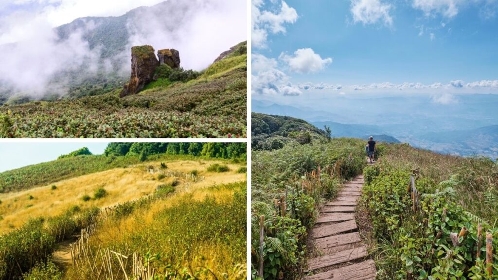 Collage of mountain trails, misty rock formations, grassy hills, and a hiker overlooking distant blue mountains