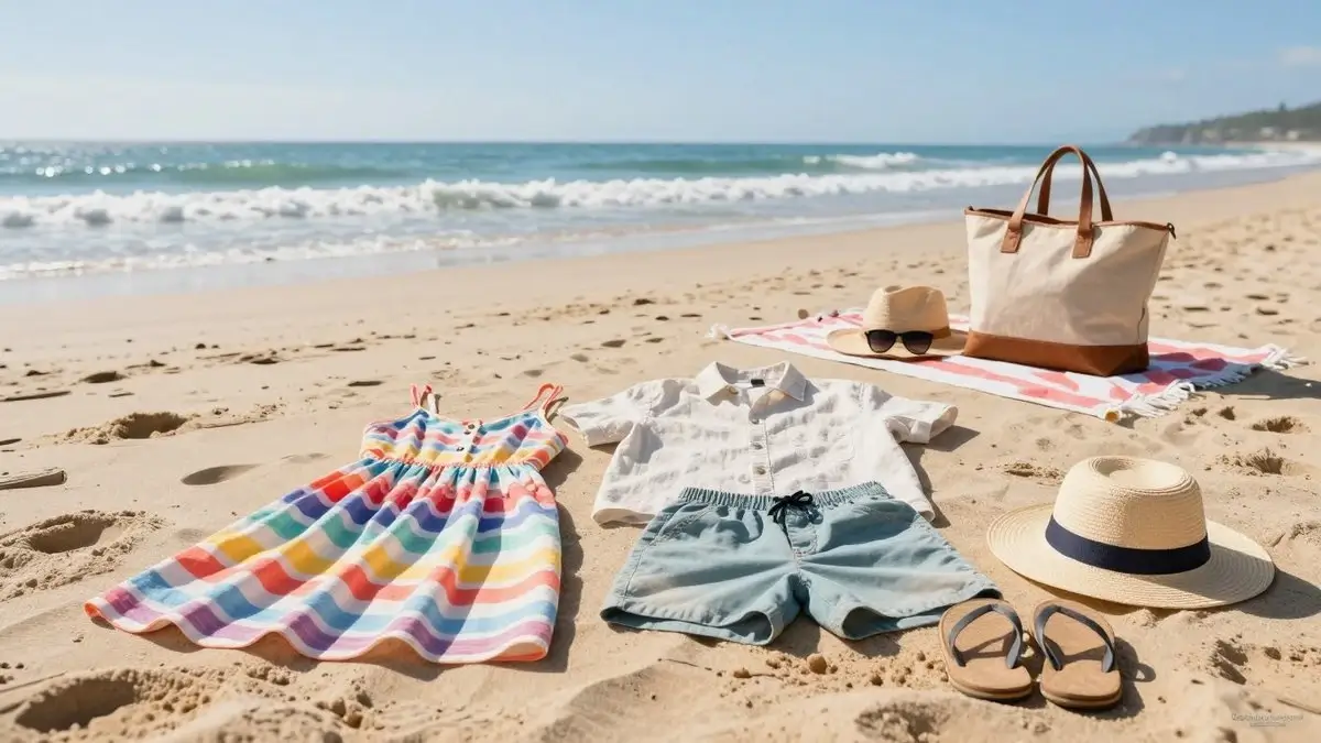 A vibrant beach scene showcasing essential clothing for a beach vacation packing list. In the foreground, neatly arranged beachwear items: a colorful cotton sundress, a light cotton button-up shirt, comfortable shorts, airy flip-flops, and a stylish beach hat. In the middle ground, a sandy beach with a couple of beach towels, sunglasses, and a beach bag. The background features gentle waves lapping at the shore under a clear blue sky, with soft sunlight illuminating the scene. Use a warm, inviting color palette to evoke a relaxed summer mood. Capture the image with a wide-angle lens to encompass the full beach atmosphere, highlighting the joy and preparation for a stress-free beach vacation. Include a subtle brand logo "Destinations Uncovered" in the corner.