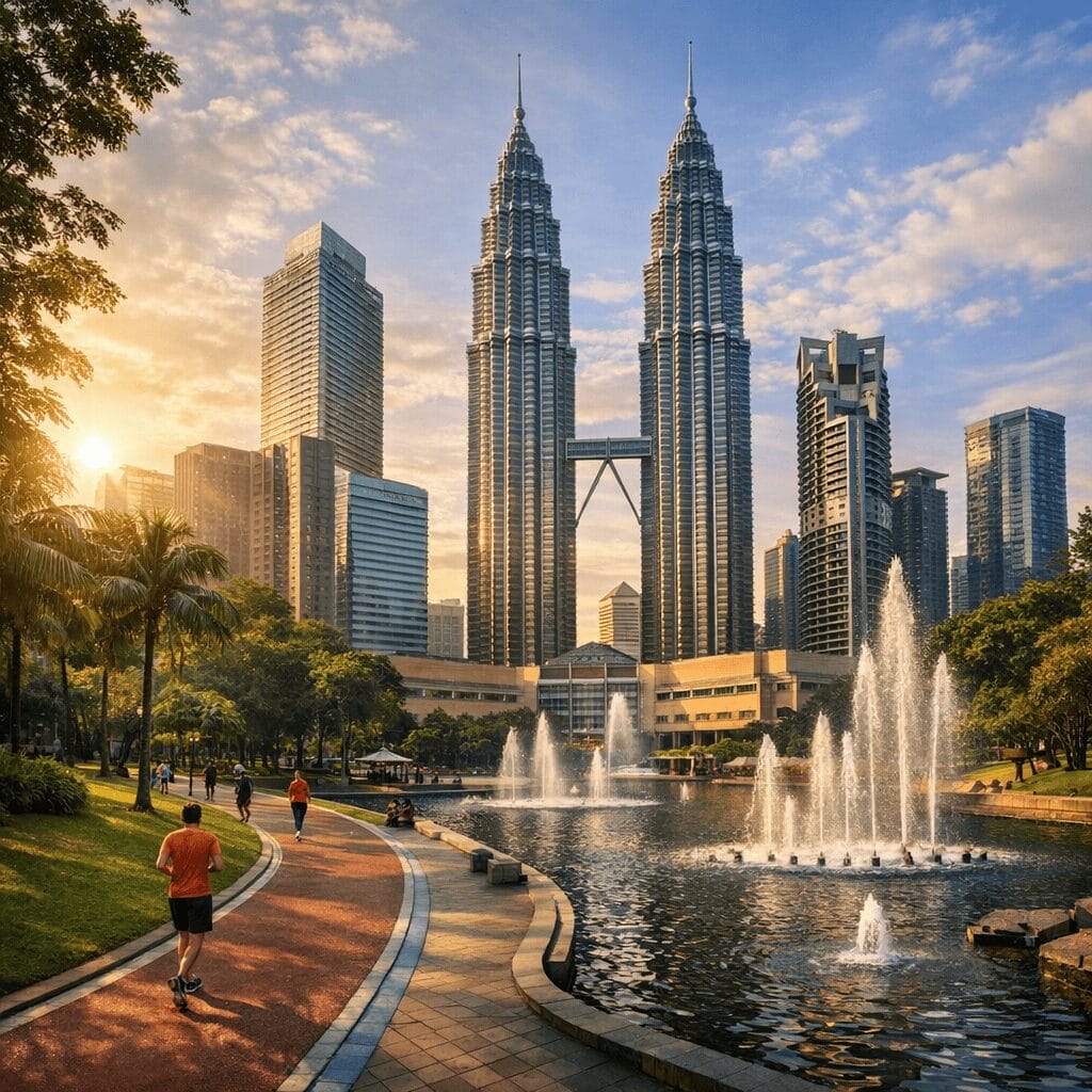 KLCC Park with jogging paths, fountains, and the Petronas Twin Towers in the background during late afternoon.