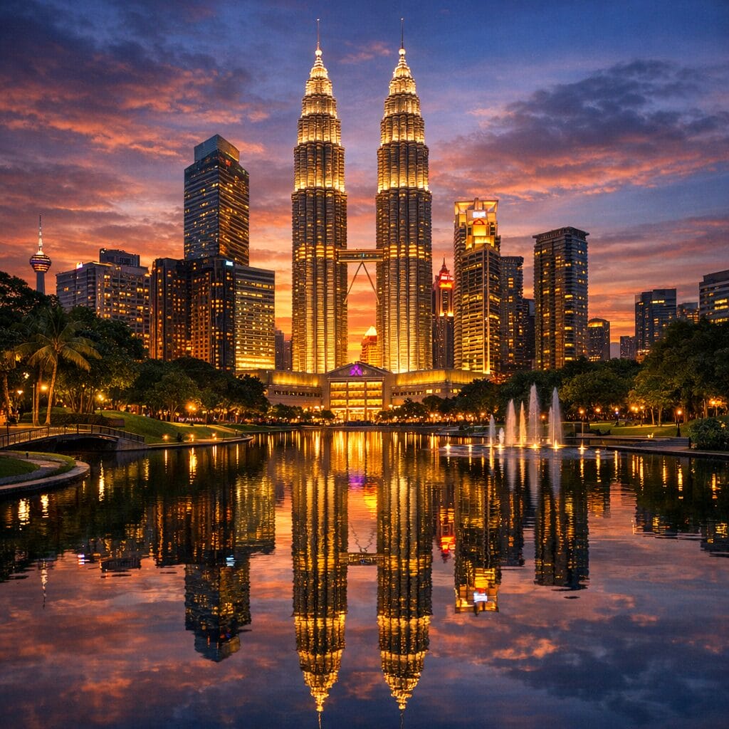 KLCC Skyline and park at sunset with reflective towers and evening city lights