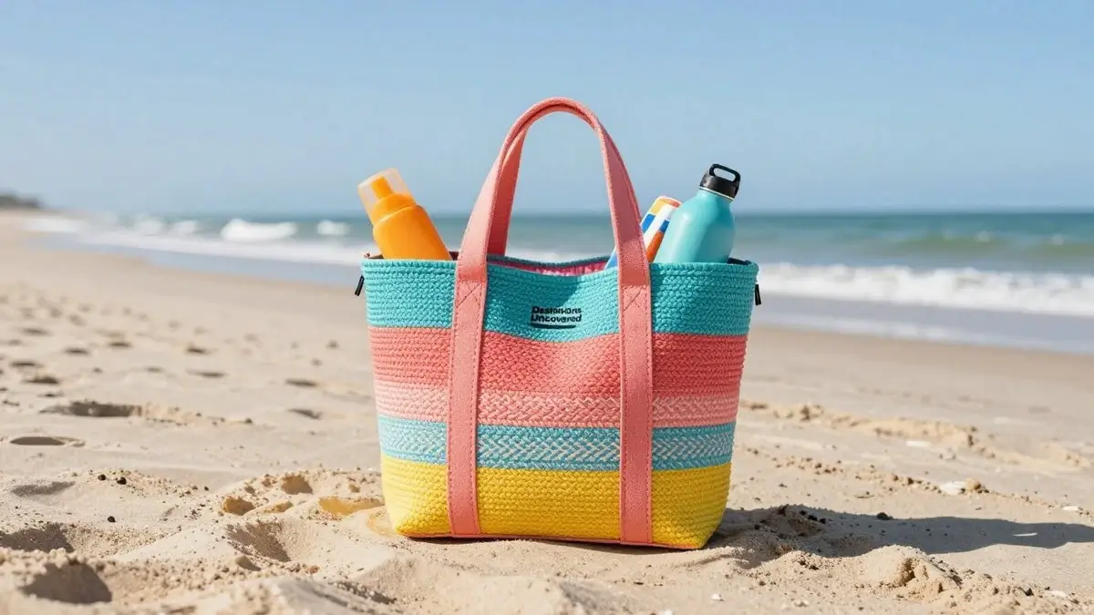 A stylish beach bag sitting prominently on a sandy beach, with a vibrant mix of colors such as turquoise blue, coral pink, and sunny yellow. The bag features intricate woven patterns, a sturdy handle, and an organized interior peeking out with essential beach items like sunscreen, a beach towel, and a water bottle. In the foreground, the pristine sand glimmers under bright sunlight, while in the background, gentle waves lap at the shore, and a clear blue sky extends overhead. The composition captures a warm, inviting atmosphere, evoking a sense of relaxation and adventure. Use a soft, natural lighting to enhance the summer vibe, with a wide-angle lens to include the sweeping beach scene. The brand name "Destinations Uncovered" subtly placed on the bag, ensuring a fresh and inviting beach vacation feel.