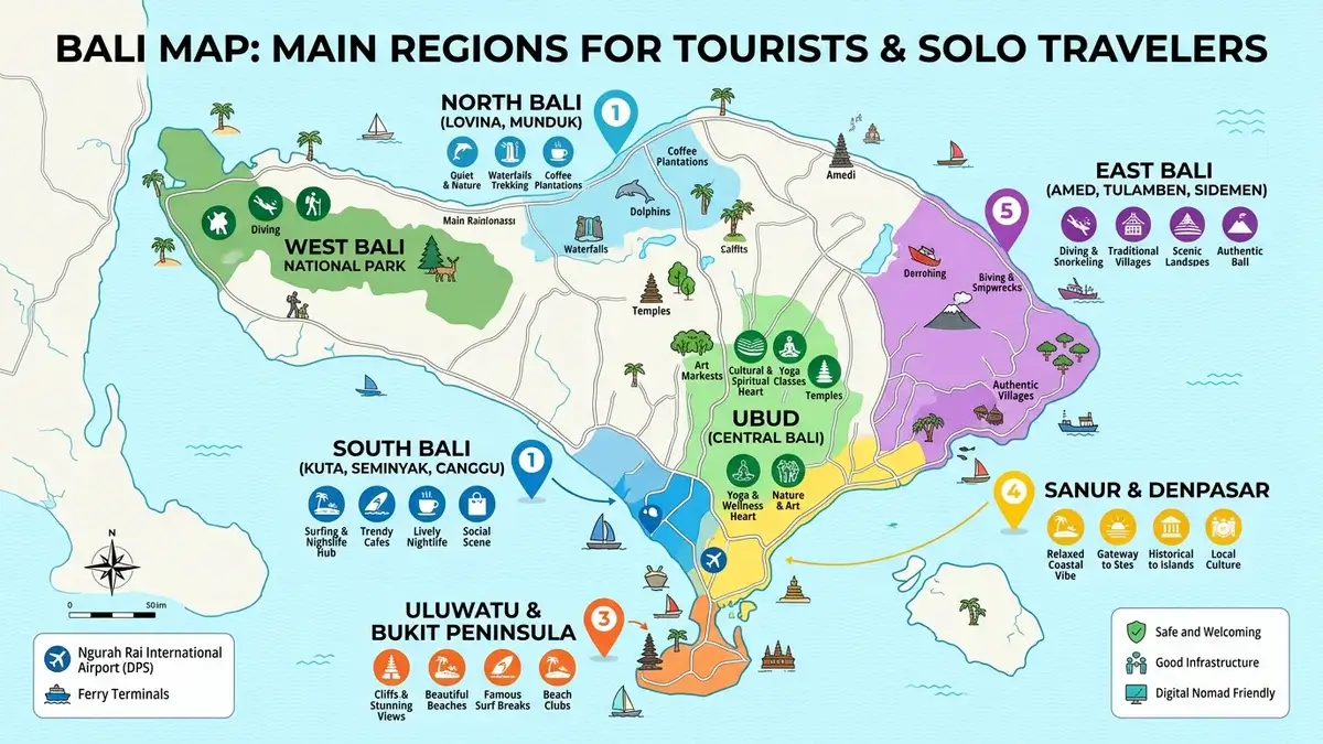 Bali map showing main regions for solo travelers