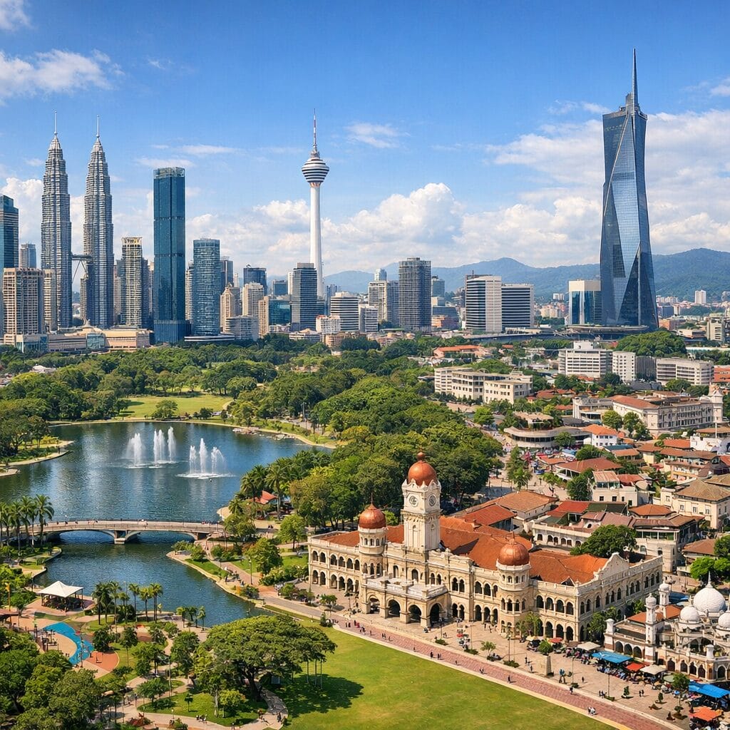 Panoramic Kuala Lumpur city scene combining skyline urban park and heritage district.