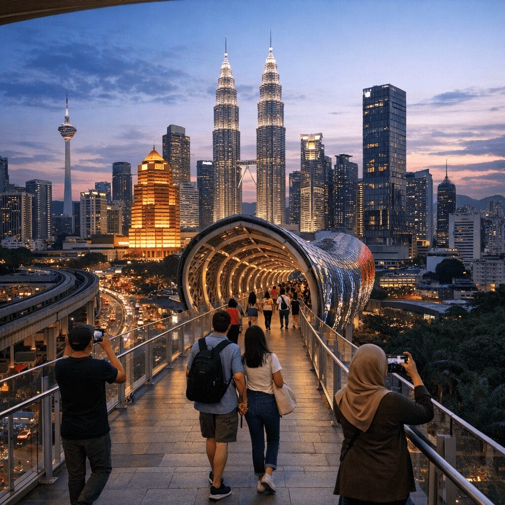 Pedestrian walkway connecting Bukit Bintang toward centra Kuala Lumpur with skyline views.