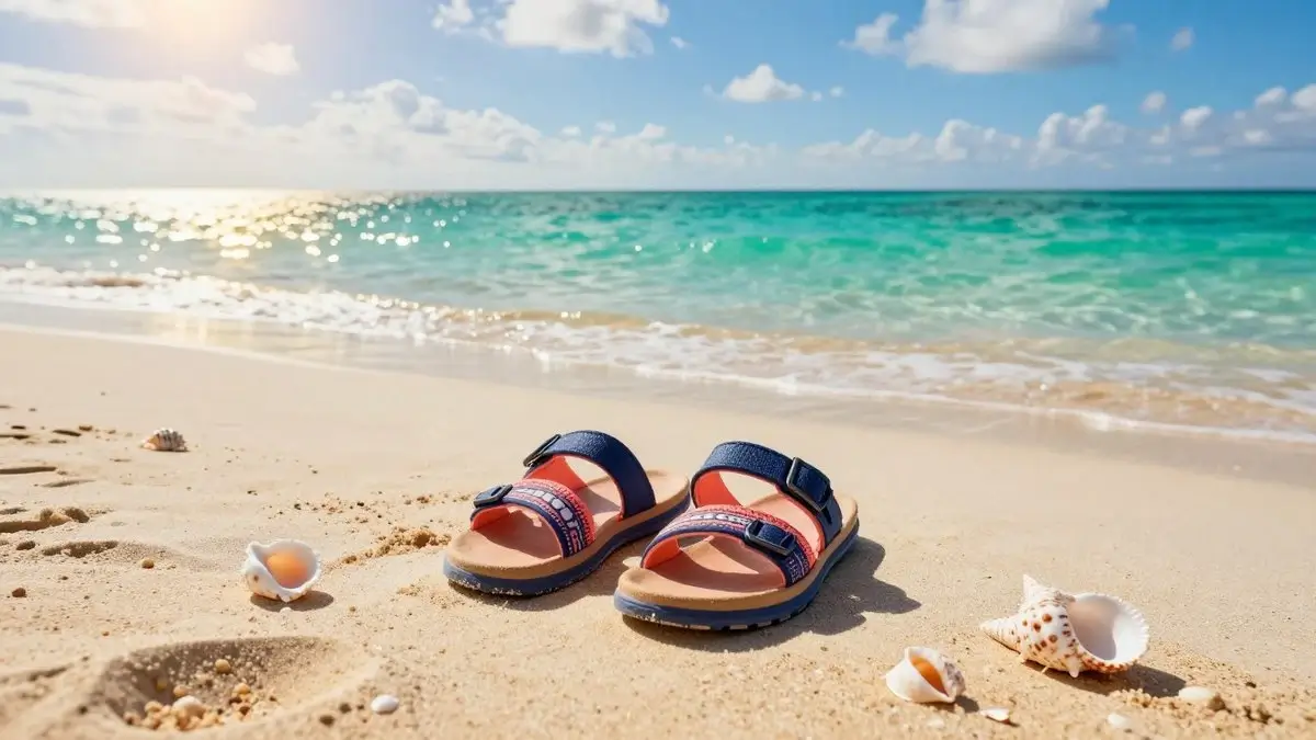 A vibrant beach scene showcasing a pair of stylish sandals designed for both sandy shores and casual sightseeing. In the foreground, the sandals rest on a sun-warmed, sandy beach, featuring a blend of navy blue and coral colors with intricate patterns. The middle ground captures a clear turquoise sea gently lapping at the shore, with seashells scattered around the sandals. In the background, soft white clouds drift across a bright blue sky. The sun casts a warm, golden light, creating inviting reflections on the water's surface. The mood is relaxed and cheerful, perfect for a summer vacation. Capture this idyllic setting with a wide-angle lens to emphasize the sandals as the focal point, making them appear ready for adventure. Photo by Destinations Uncovered.