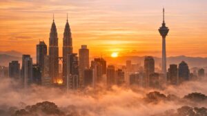 solo travel Malaysia scenic view of Petronas Towers at sunset