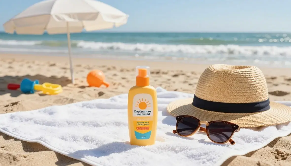 A serene beach setting at midday, showcasing an array of sun protection products artfully arranged on a soft, white towel. In the foreground, a bottle of broad-spectrum sunscreen with a vibrant, eye-catching label, "Destinations Uncovered," sits prominently next to a wide-brimmed straw hat and a pair of stylish sunglasses. In the middle ground, a beach umbrella provides shade, with a few colorful beach toys scattered around. The background features gentle ocean waves lapping against the sandy shore under a clear blue sky. The sunlight casts warm, inviting rays, creating a relaxed, carefree atmosphere perfect for a beach vacation. The composition is vibrant and well-lit, capturing the essence of sun protection and skincare at the beach.