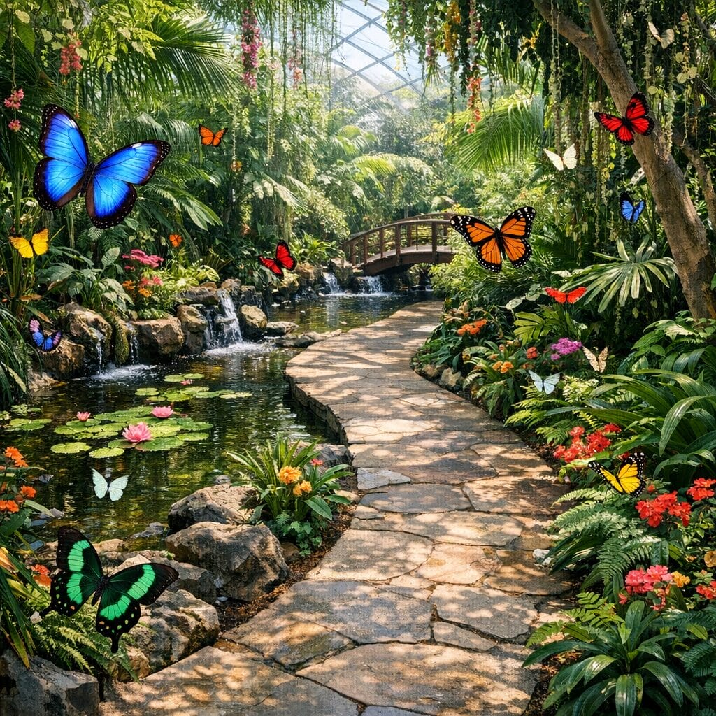 Tropical Butterfly park walkway with lush greenery pond and colorful butterflies