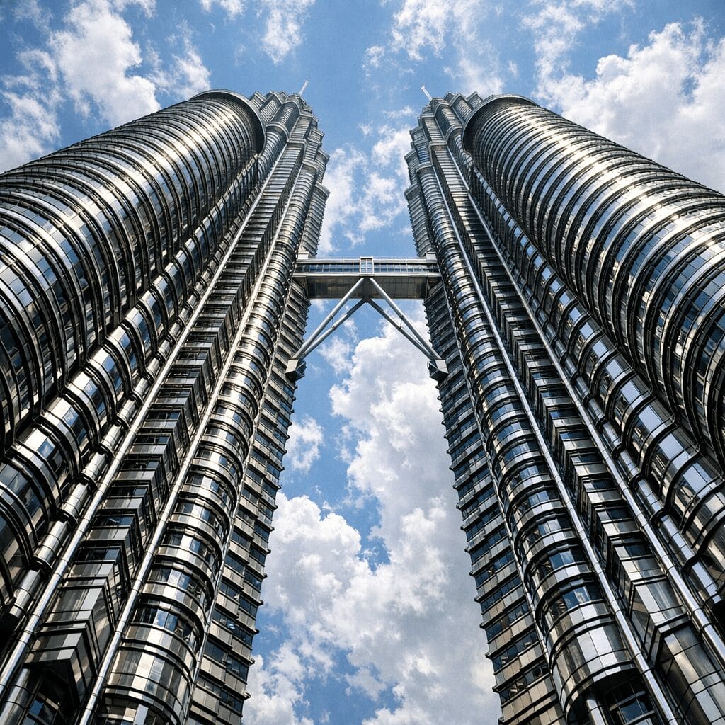Upward architectural view from the base of the Petronas Twin Towers emphasizing the steel patterns and the Skybridge.