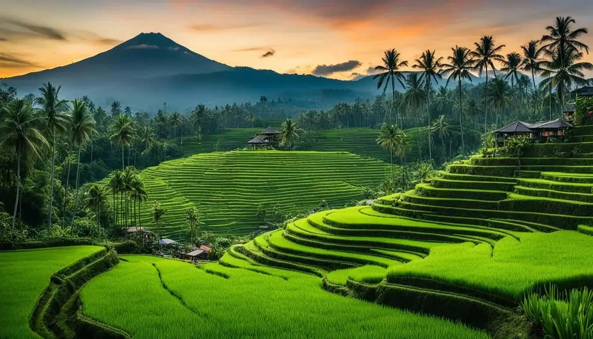 Sidemen Valley rice terraces with Mount Agung