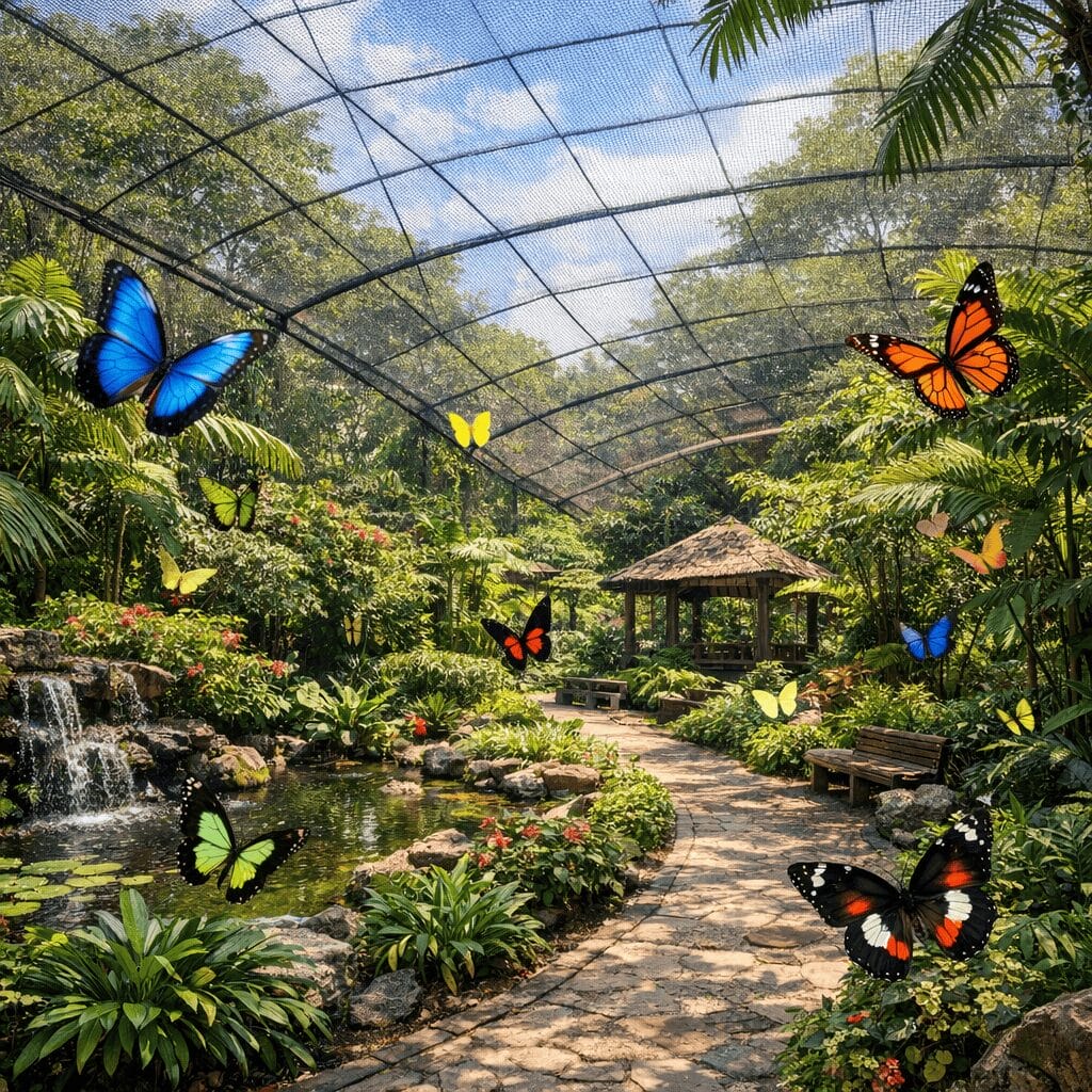 Wide view of Kuala Lumpur Butterfly Park with tropical plants, shaded paths, and colorful butterflies flying through a netted garden enclosure.