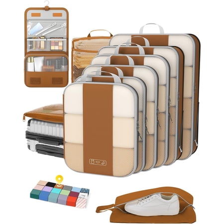 10 Set Compression Packing Cubes for Travel Essentials Compressible Expandable Packing Cubes for Suitcase General Luggage Organizer Bags for Travel Handy Helper for Organizing Clothes(Brown)