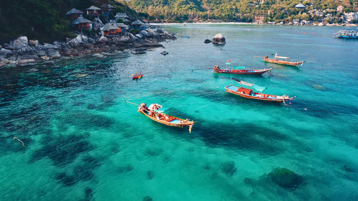Island and Boat in Clear Sea at Koh Tao