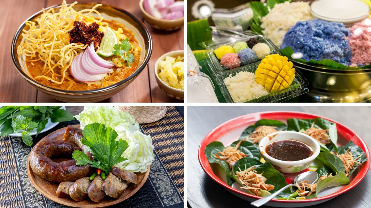 Khao soi, sticky rice, Sai oua and Chiang Rai Style Miang Kham