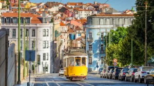 Tram on line 28 in Lisbon, Portugal
