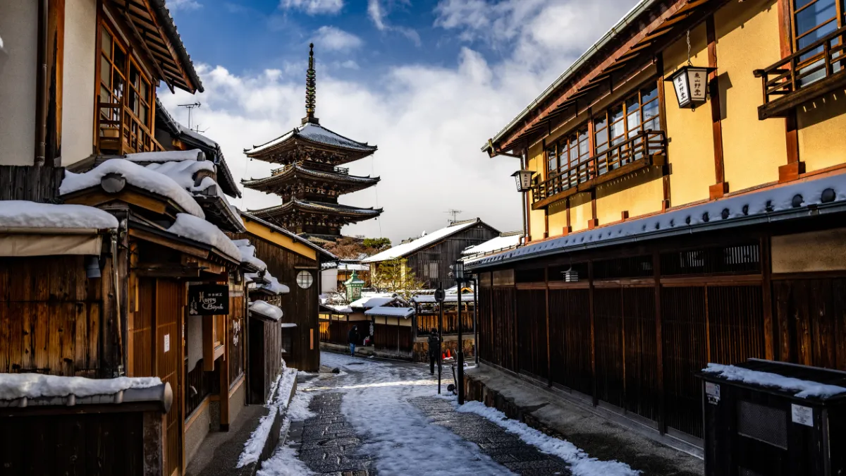 View of a Snow Covered Yasaka Pagoda from Sannen Zaka Street in the Old Town District of Kyoto
