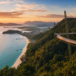 A scenic coastal bay at sunset with a hillside cable car and winding skybridge overlooking the beach