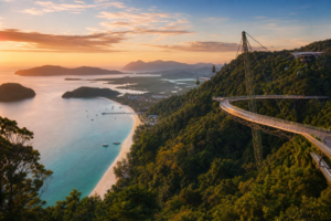 A scenic coastal bay at sunset with a hillside cable car and winding skybridge overlooking the beach