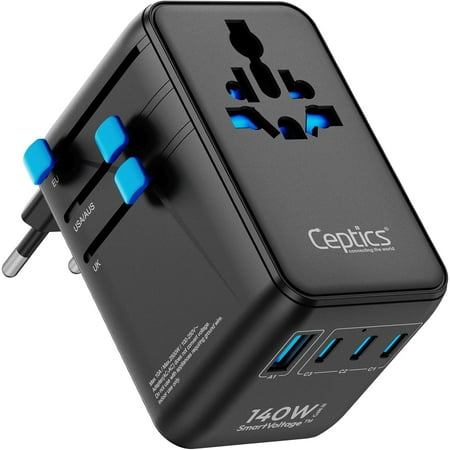 Ceptics 6 in 1 International Power Adapter with PD 140W USB-C 1x USB-A 3X Type C Universal Input and 1x USA/JP Input with Type A C G I Plug outlets for Global Travel – CE & RoHS Certified