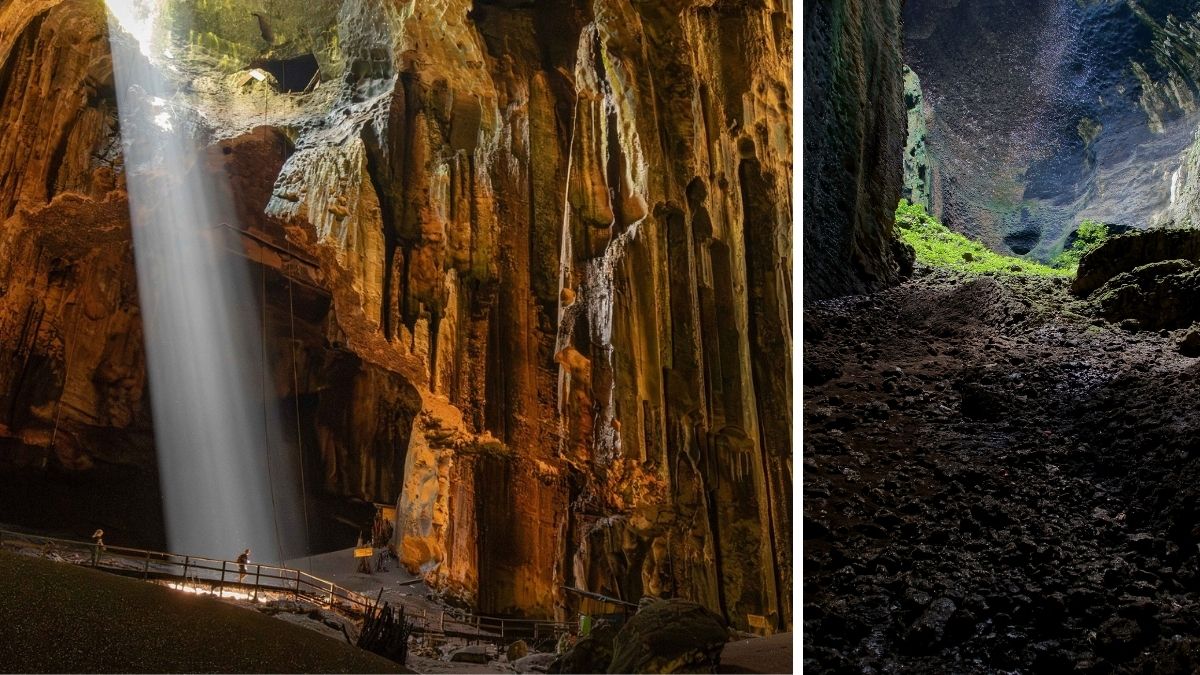 Two views inside a cavern, with towering rock formations, a sunbeam illuminating a walkway, and a vegetated opening