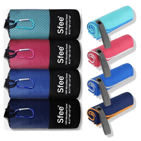 Microfiber Travel Towel Set Dblue+nblue+mint+hpink M 48"x21"+24"x15" Quick Dry Sports Swim Gym Beach Use