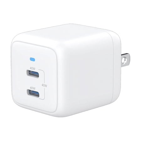 onn 40W Dual USB-C Port Wall Charger, Fast Charging, USB-IF Certified, Foldable Plug, White