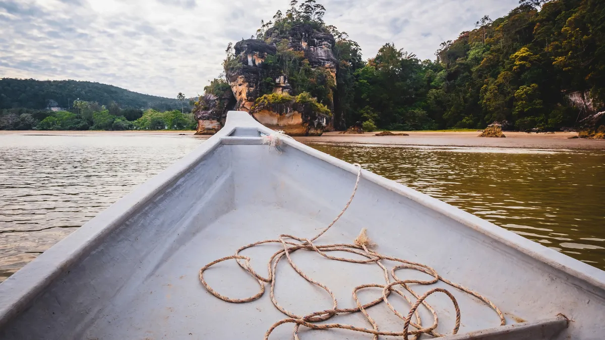 View from a boat approaching a rocky, forested shoreline