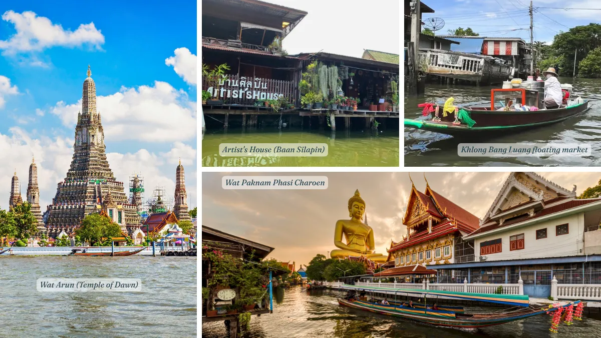 Collage of Bangkok landmarks: Wat Arun, Artist’s House, Khlong Bang Luang floating market, and Wat Paknam Phasi Charoen