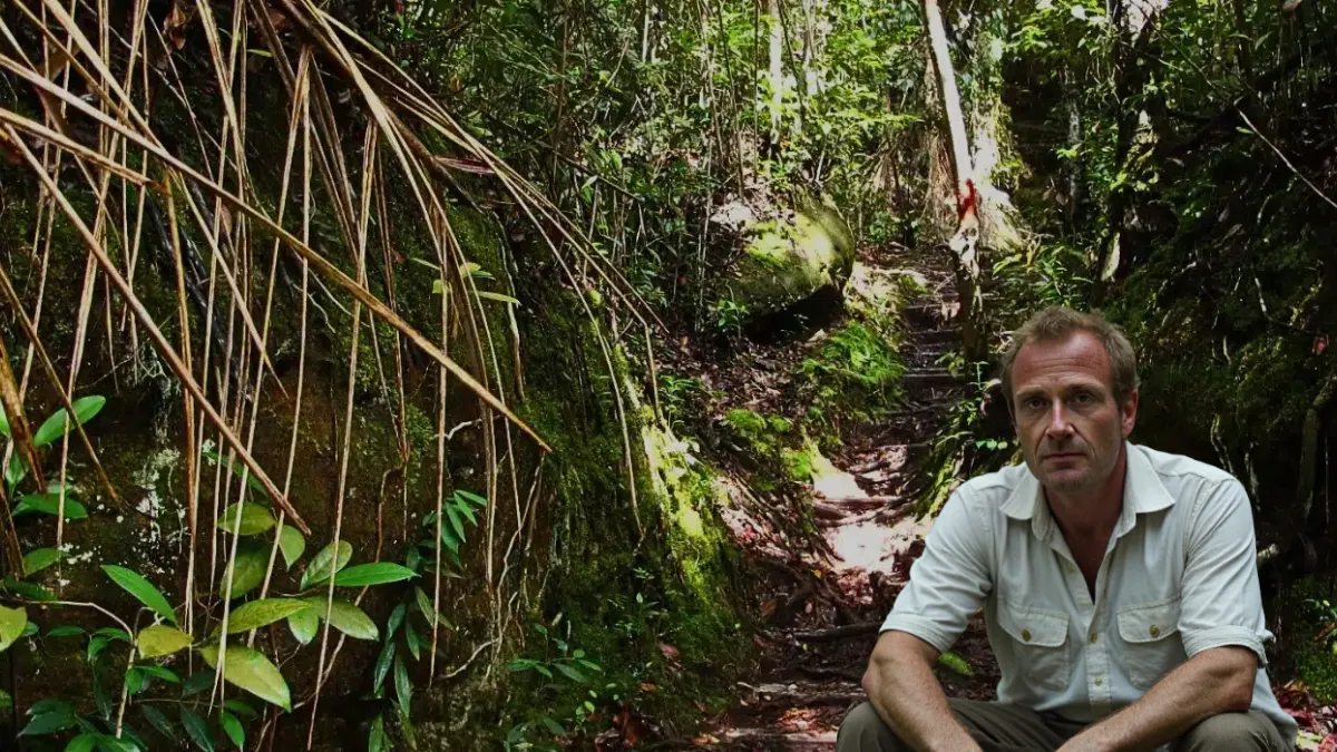 Man sitting on a narrow forest trail surrounded by dense tropical vegetation Batang Ai Sarawak Borneo