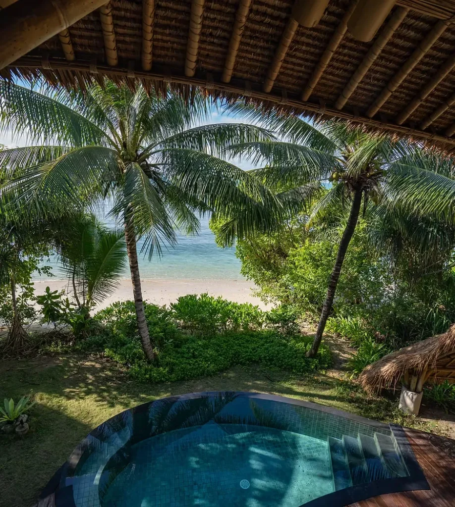 Tropical beach view with palm trees and a small pool in the foreground