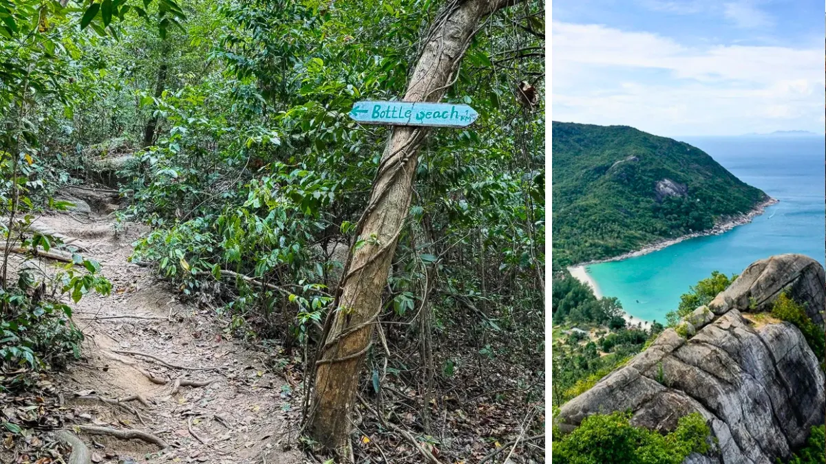 Forest trail sign for Bottle Beach and a coastal view from a rocky overlook