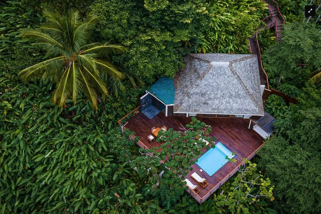 Aerial view of a tropical villa with a pool surrounded by dense jungle greenery