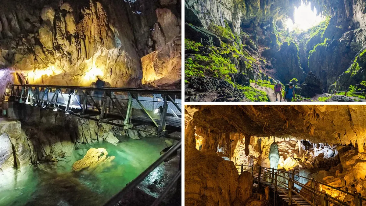 Collage of cave scenes with lit walkways, rock formations, and a sunlit cave opening