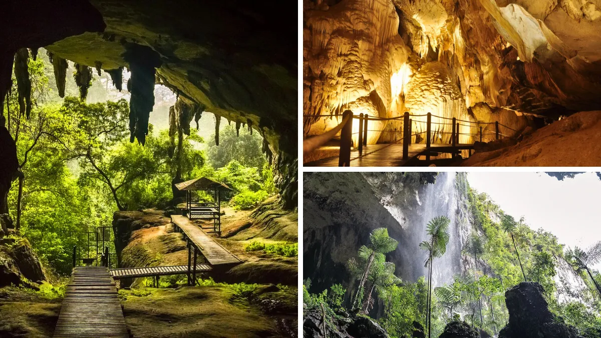 Three views of a cave: a forested cave entrance, an illuminated cave interior, and a waterfall beside the cave