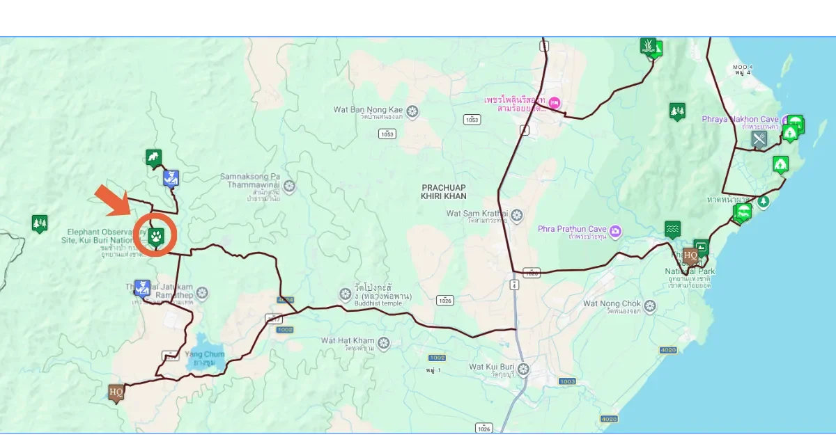 Map of Kui Buri National Park with the highlighted location near the Elephant Observation Site