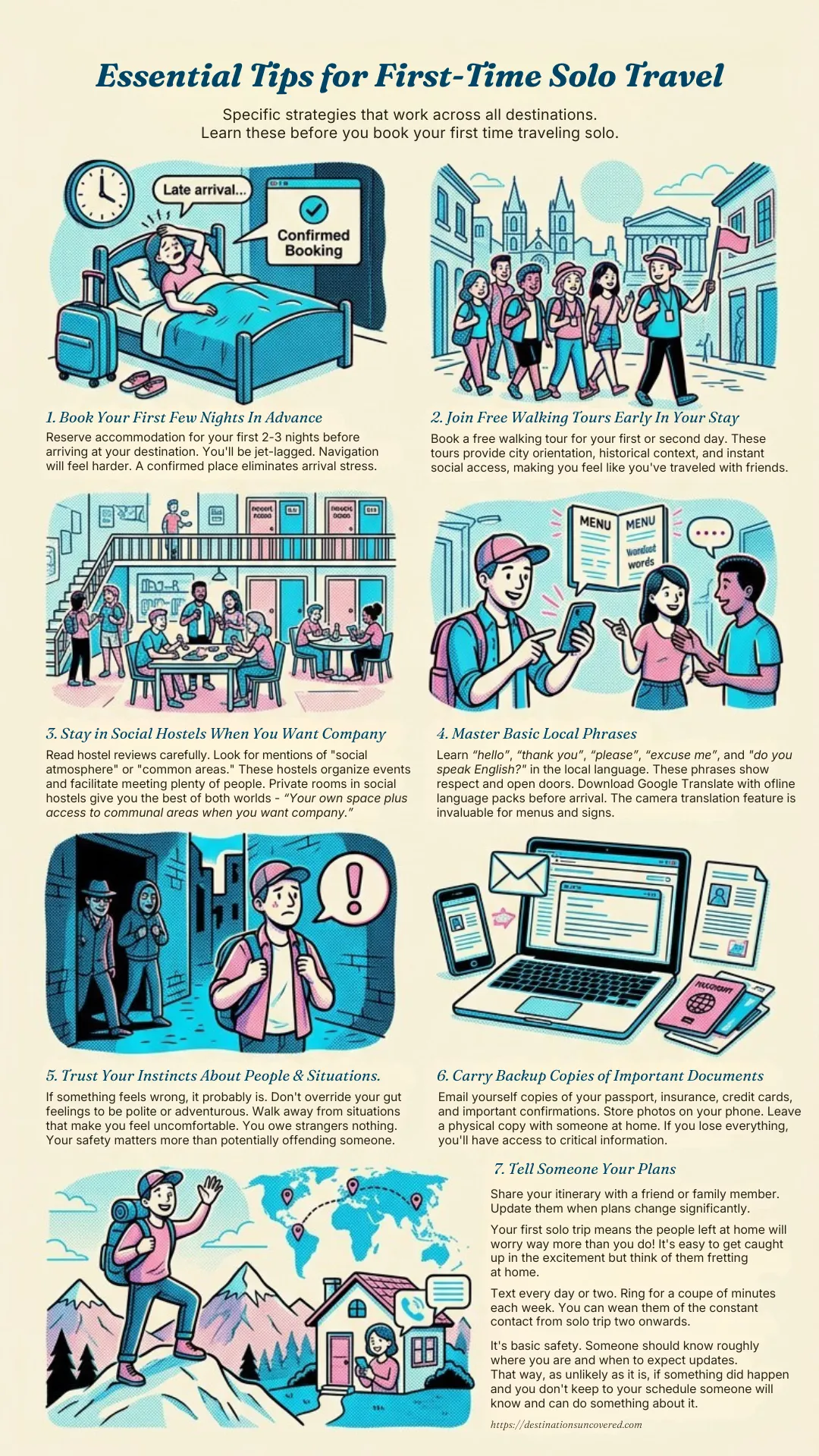 Infographic: Essential tips for first-time solo travel, including booking early, joining walking tours, staying in social hostels, learning local phrases, trusting instincts, backing up documents, and sharing plans