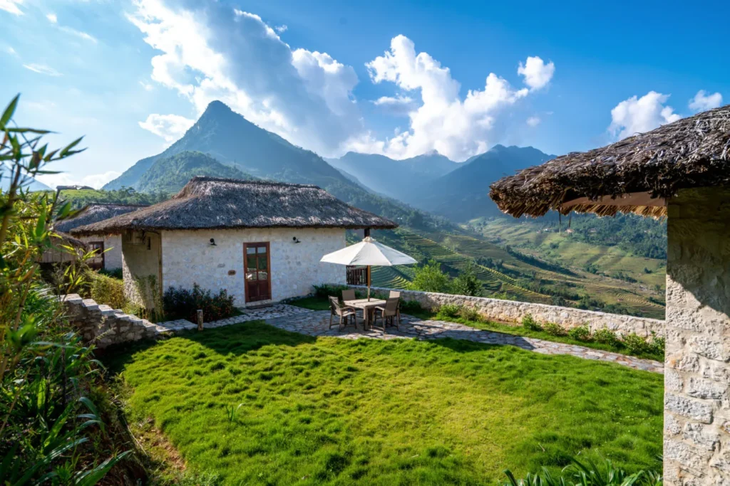 Mountain lodge courtyard with thatched cottages overlooking terraced hills and a blue sky