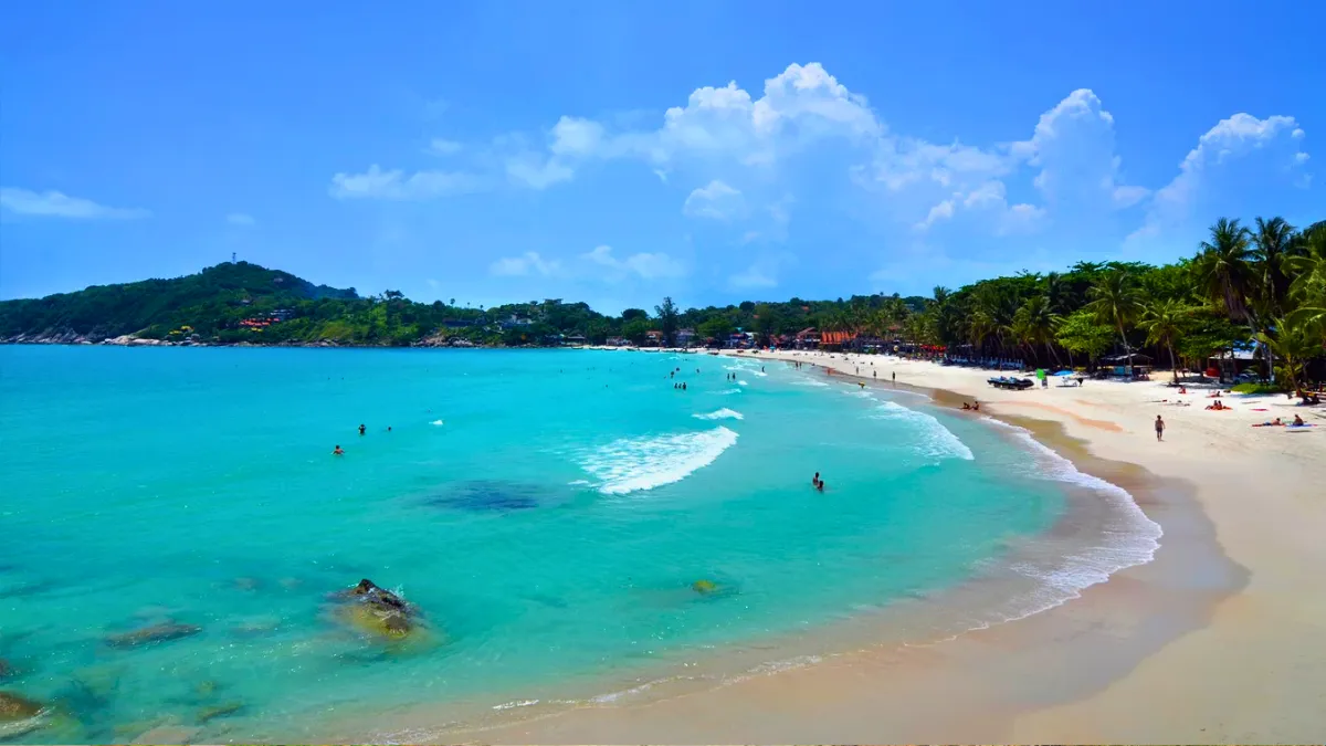 Tropical beach with turquoise water, white sand, and palm trees under a blue sky