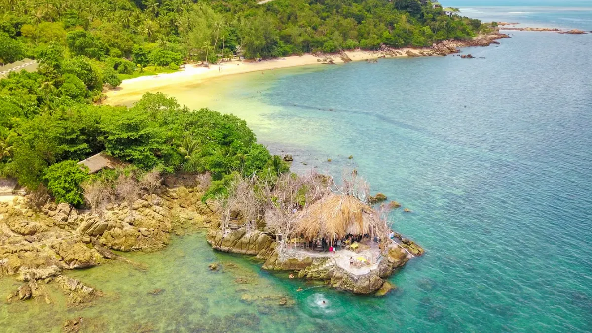 Aerial view of a tropical cove with a sandy beach, rocky shoreline, and a thatched hut by clear blue water