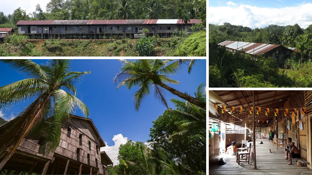 Collage of rural wooden houses in a tropical village with palm trees and a communal porch