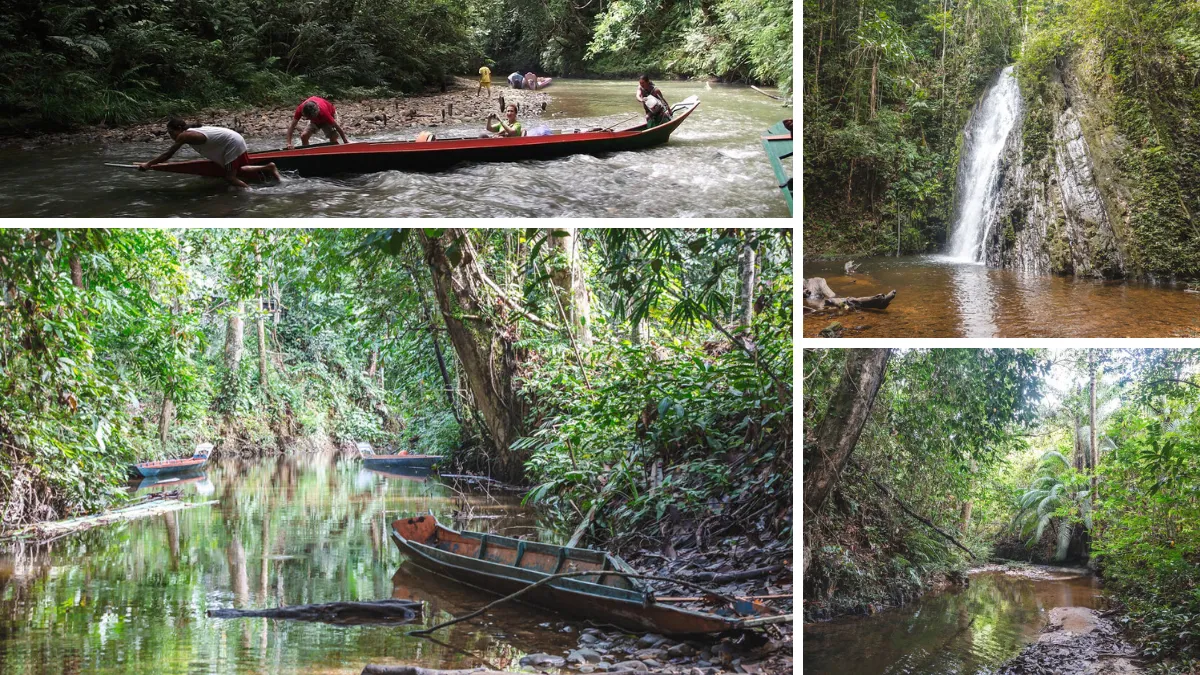 Collage of jungle river scenes with boats and a waterfall