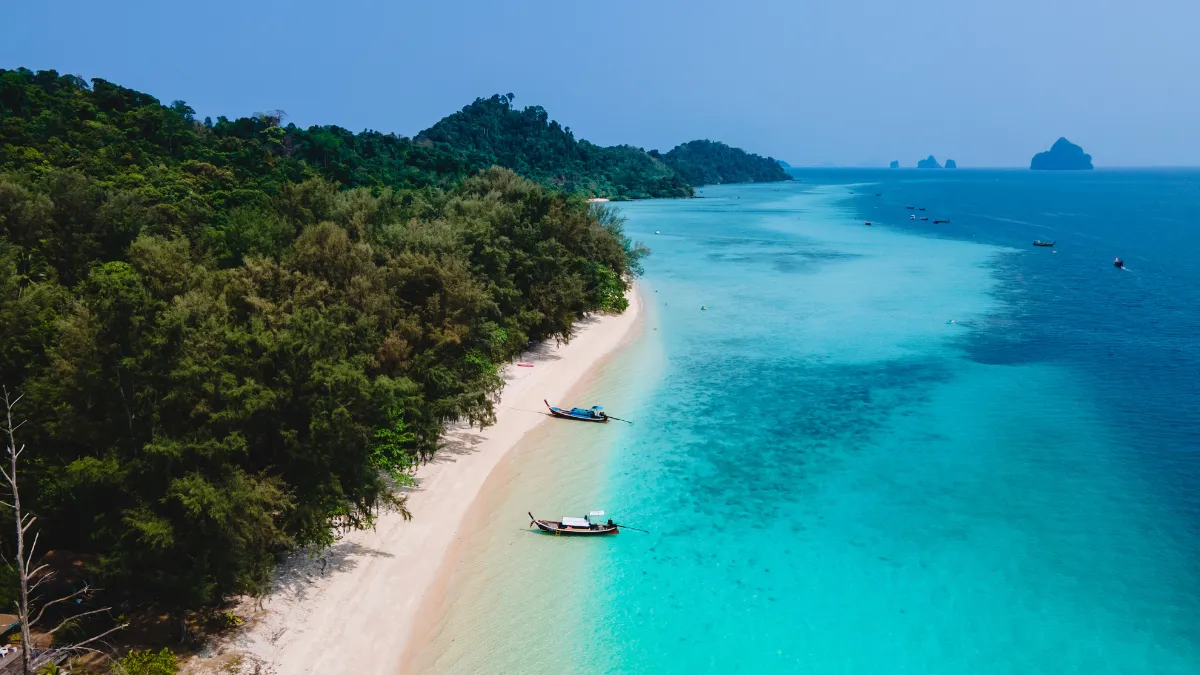 A tropical beach with turquoise water, forested shoreline, and small boats anchored offshore