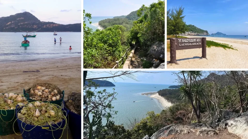 Collage of Laem Sala Beach views, including shoreline, boats, a beach sign, and a coastal trail