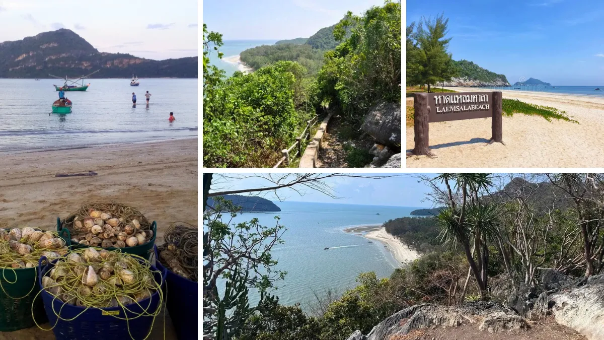 Collage of Laem Sala Beach views, including shoreline, boats, a beach sign, and a coastal trail