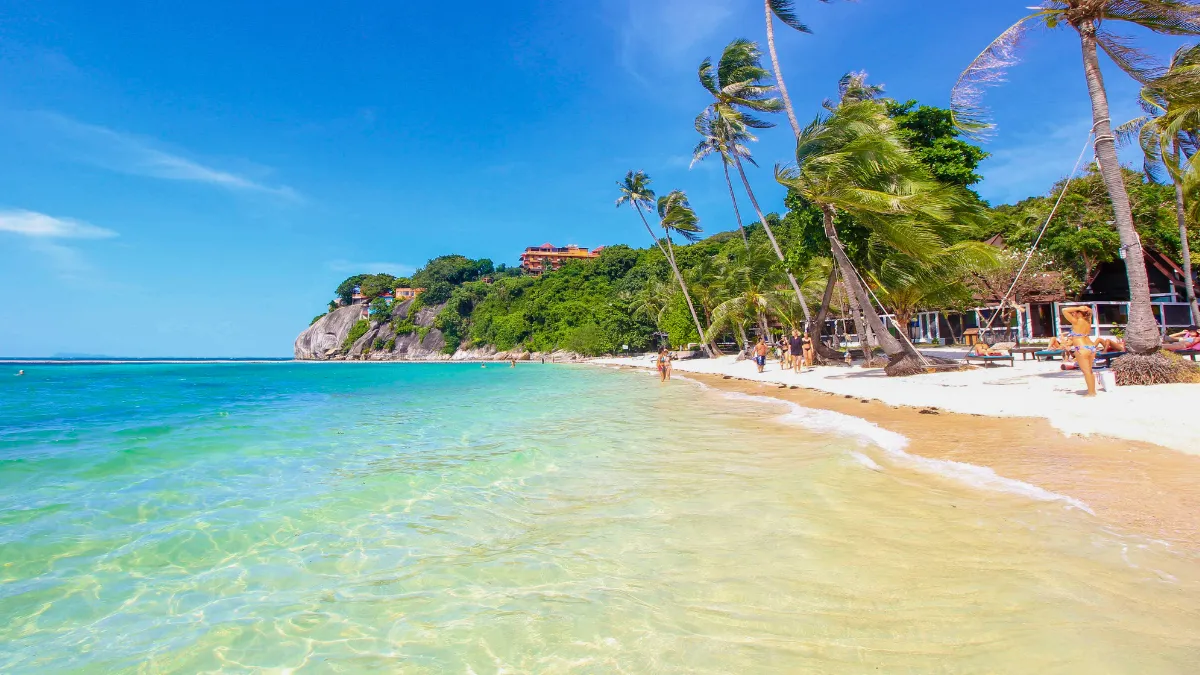 Tropical beach with clear turquoise water, palm trees, and a rocky green hillside under a blue sky