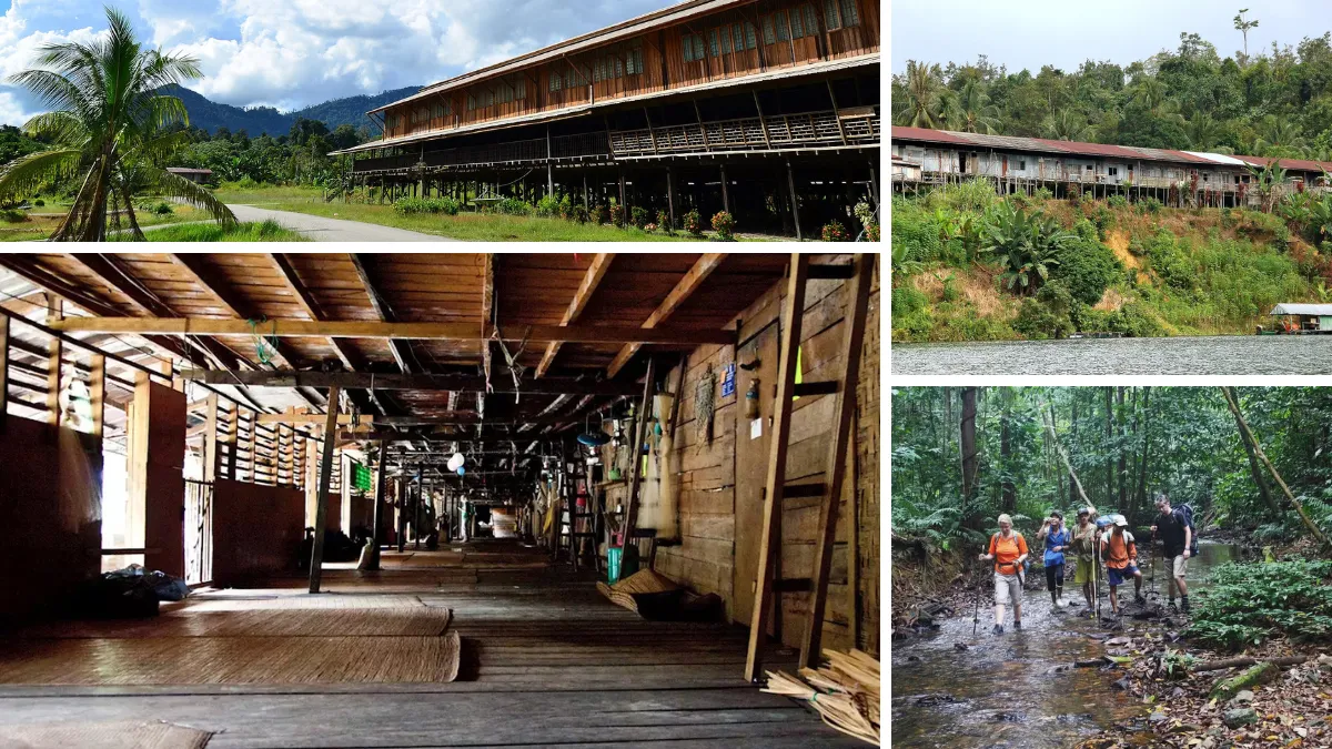 Collage of a rural wooden lodge, hillside buildings, a long interior corridor, and hikers in a forest stream
