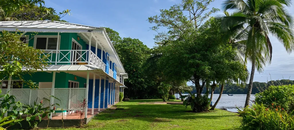 Colorful waterfront house with palm trees and a grassy lawn beside the water
